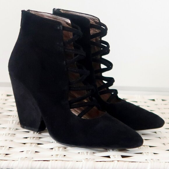 Jeffrey Campbell Black Suede Lather Pointy Toe Block Heel Booties Fall Shoes 8